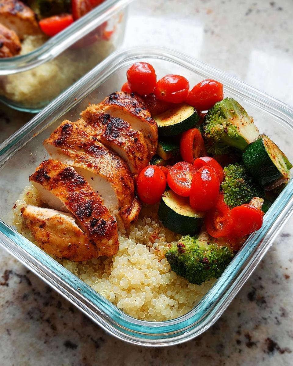 Close-up of a Grilled Chicken Meal Prep Box filled with sliced grilled chicken breast, quinoa, cherry tomatoes, zucchini, and broccoli.
