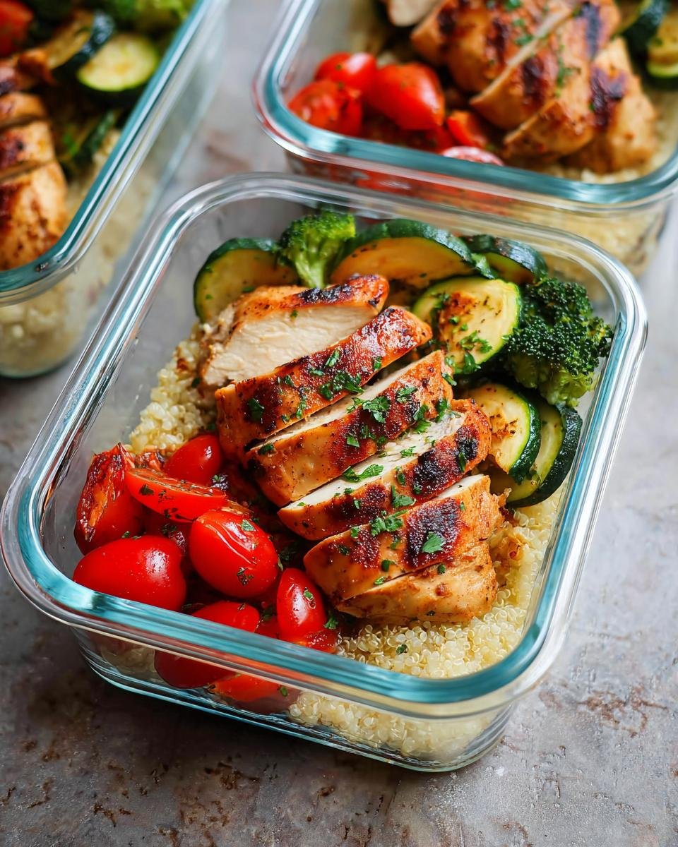 Close-up of a glass container filled with grilled chicken meal prep boxes, featuring sliced grilled chicken, quinoa, cherry tomatoes, zucchini, and broccoli.