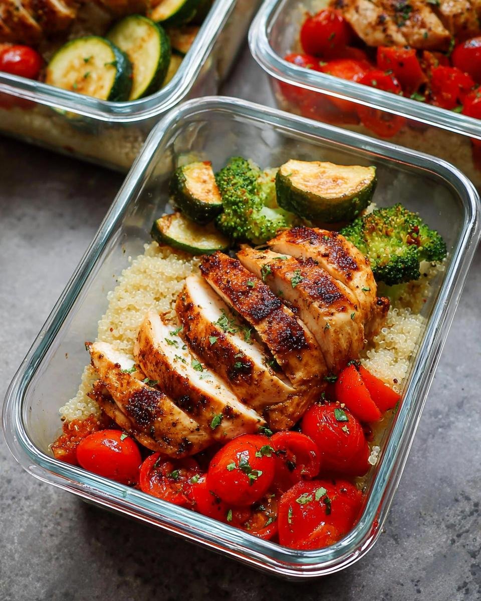 Close-up of a Grilled Chicken Meal Prep Box filled with sliced grilled chicken, quinoa, cherry tomatoes, zucchini, and broccoli.