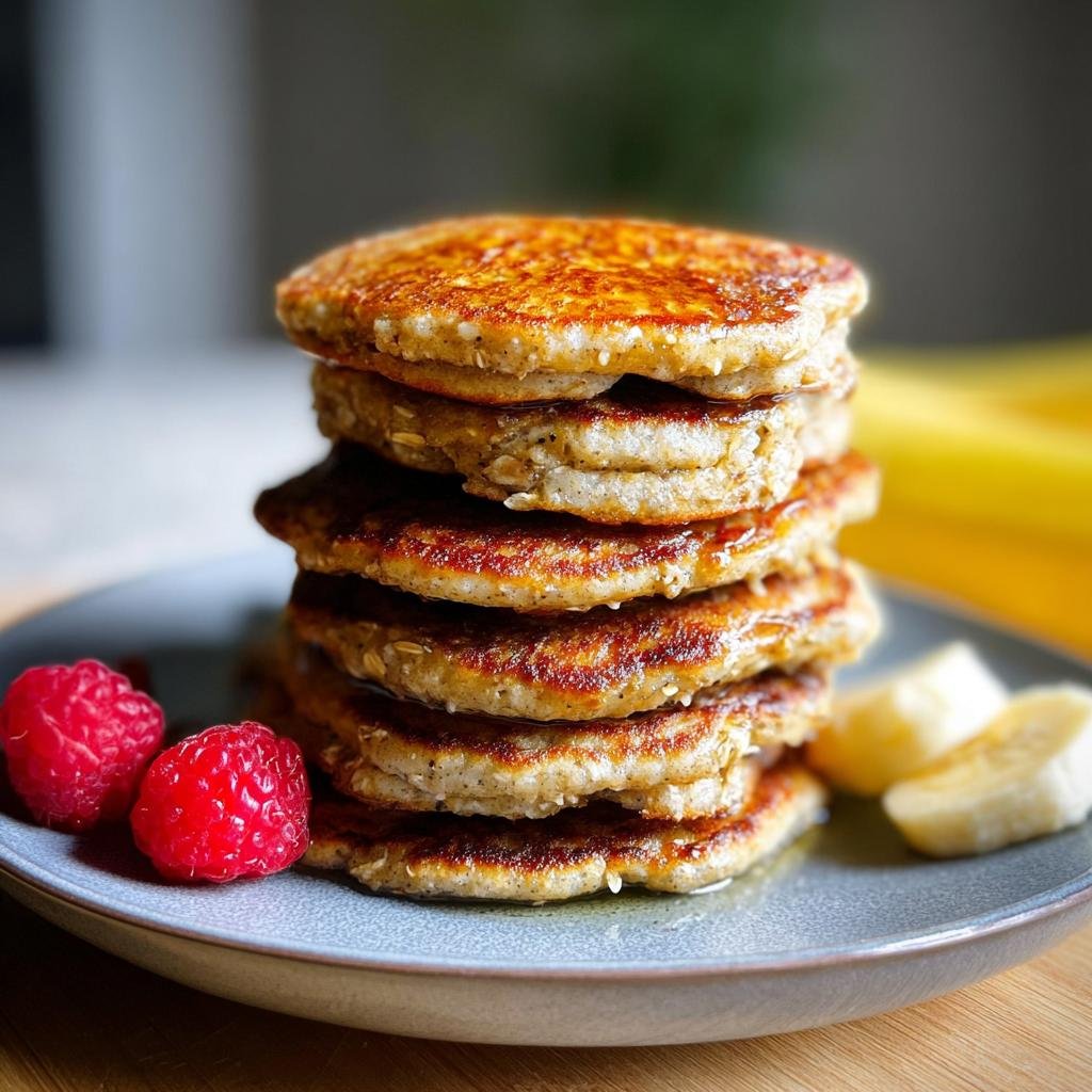 A stack of golden brown Healthy Banana Oat Pancakes served with fresh raspberries and banana slices.