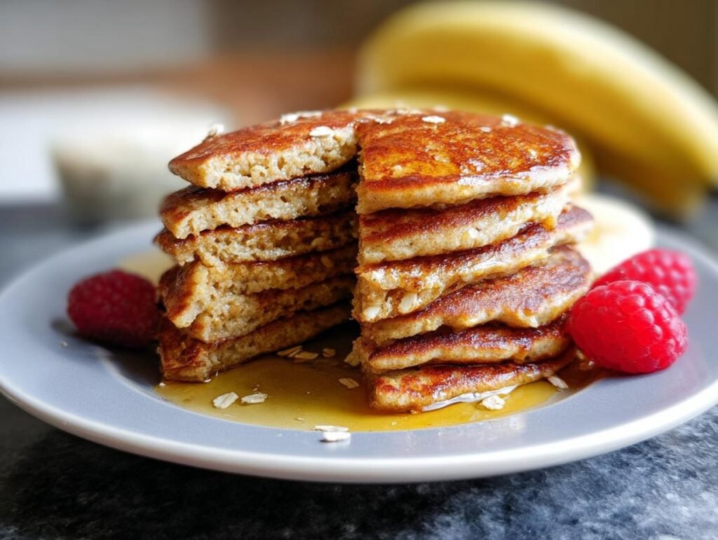 A stack of healthy banana oat pancakes drizzled with syrup and garnished with raspberries.