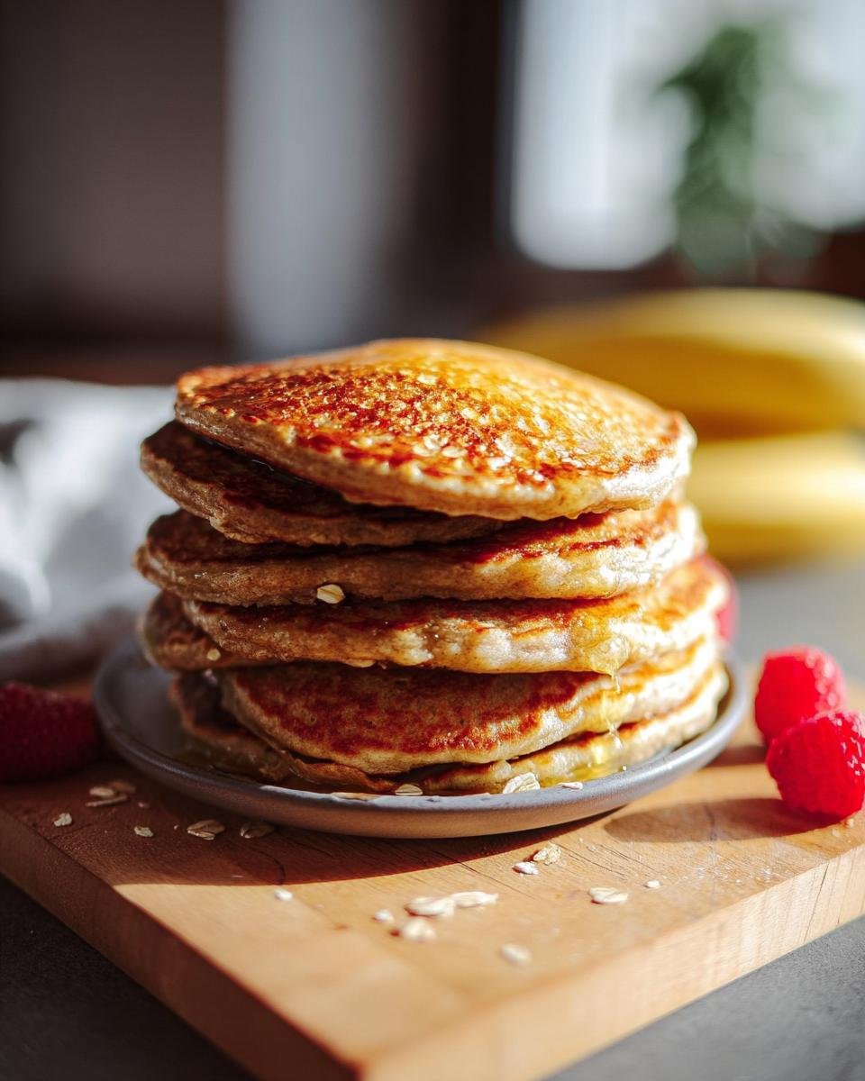 A stack of golden-brown Healthy Banana Oat Pancakes drizzled with syrup, garnished with raspberries.