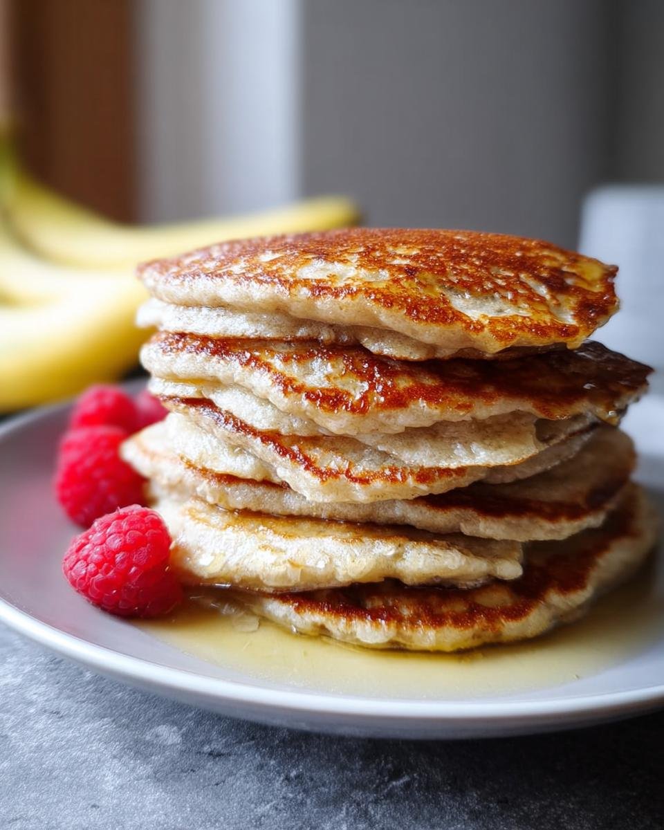 A stack of golden-brown Healthy Banana Oat Pancakes drizzled with syrup and garnished with fresh raspberries.