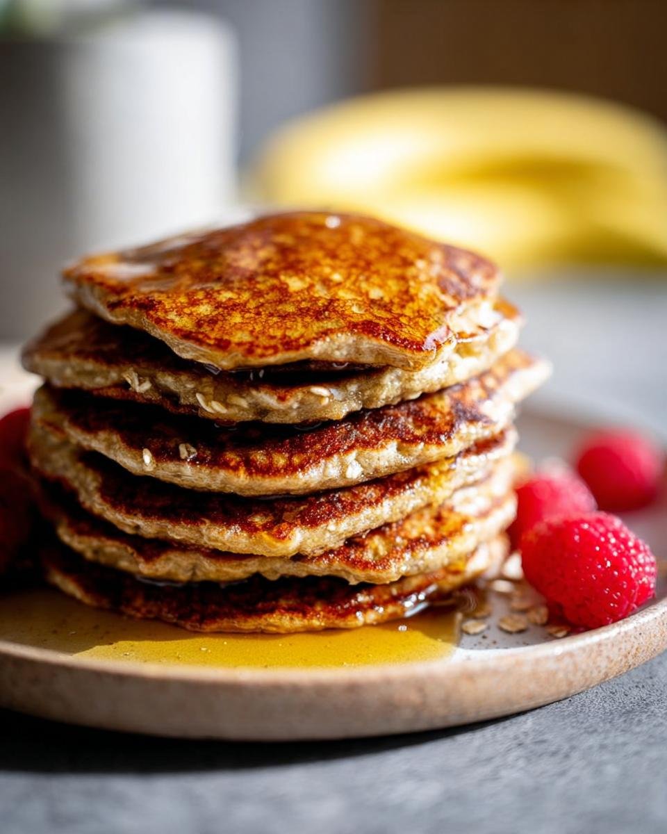 A stack of golden-brown Healthy Banana Oat Pancakes drizzled with syrup and garnished with raspberries.