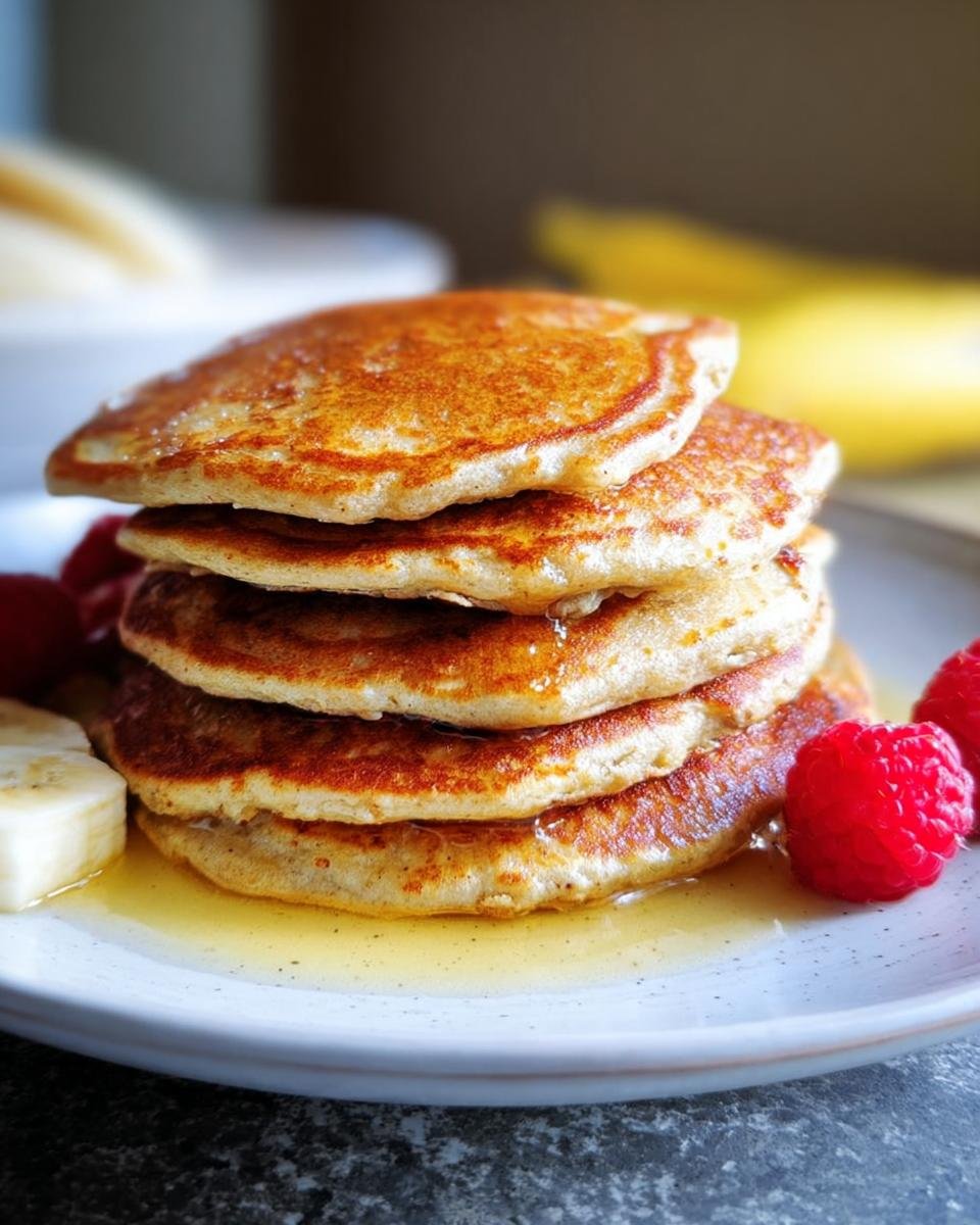 A stack of golden brown Healthy Banana Oat Pancakes drizzled with syrup, garnished with fresh raspberries and banana slices.