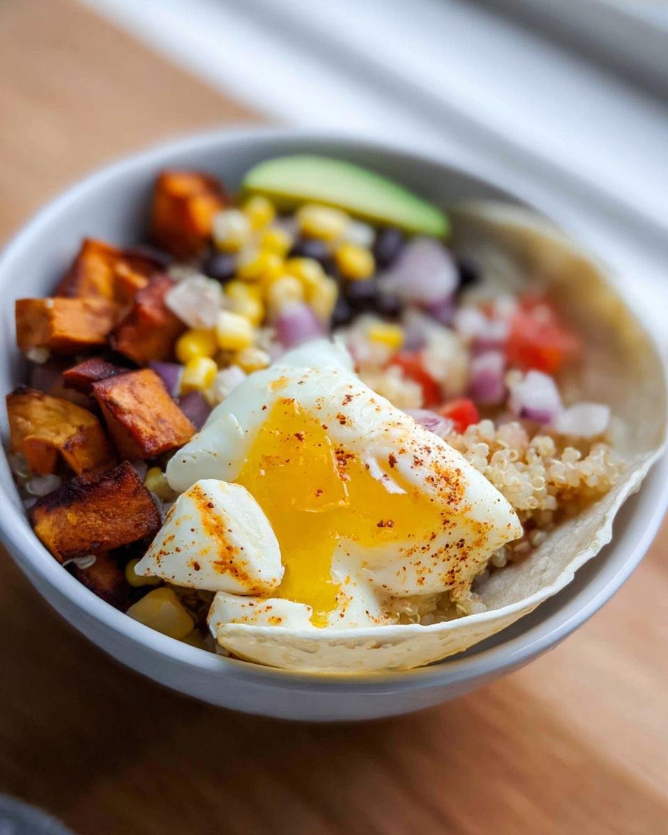 A close-up of a Healthy Breakfast Burrito Bowl with a runny egg, sweet potatoes, corn, black beans, and avocado.