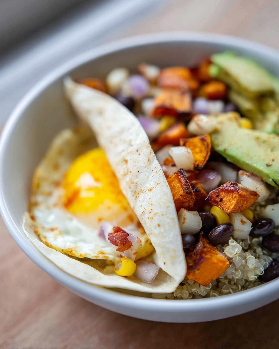 A vibrant Healthy Breakfast Burrito Bowl with a fried egg, avocado slices, sweet potatoes, black beans, and corn.