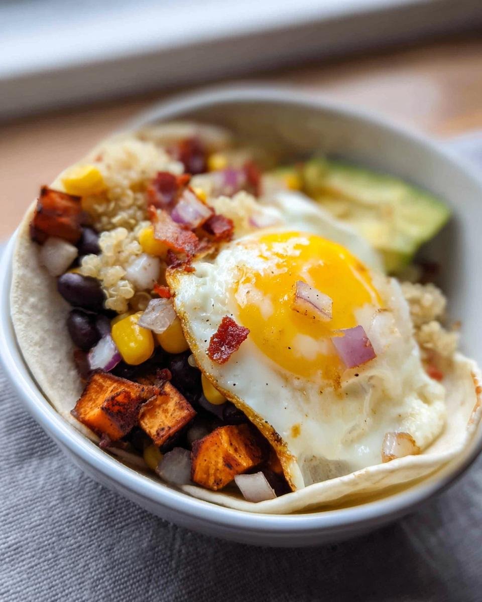A vibrant Healthy Breakfast Burrito Bowl featuring a fried egg, black beans, corn, sweet potatoes, quinoa, and avocado.