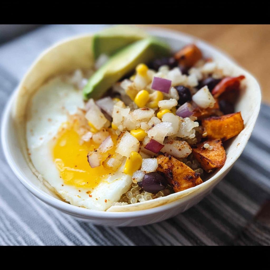 A vibrant Healthy Breakfast Burrito Bowl featuring a fried egg, avocado slices, black beans, corn, sweet potatoes, and red onion on a bed of quinoa.