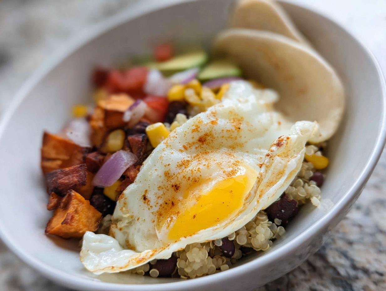 A vibrant Healthy Breakfast Burrito Bowl topped with a perfectly fried egg, sweet potatoes, black beans, corn, and avocado.