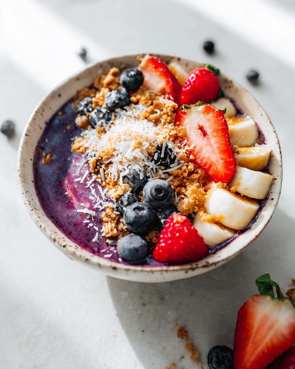 A vibrant Healthy Breakfast Smoothie Bowl topped with fresh strawberries, blueberries, banana slices, granola, and shredded coconut.