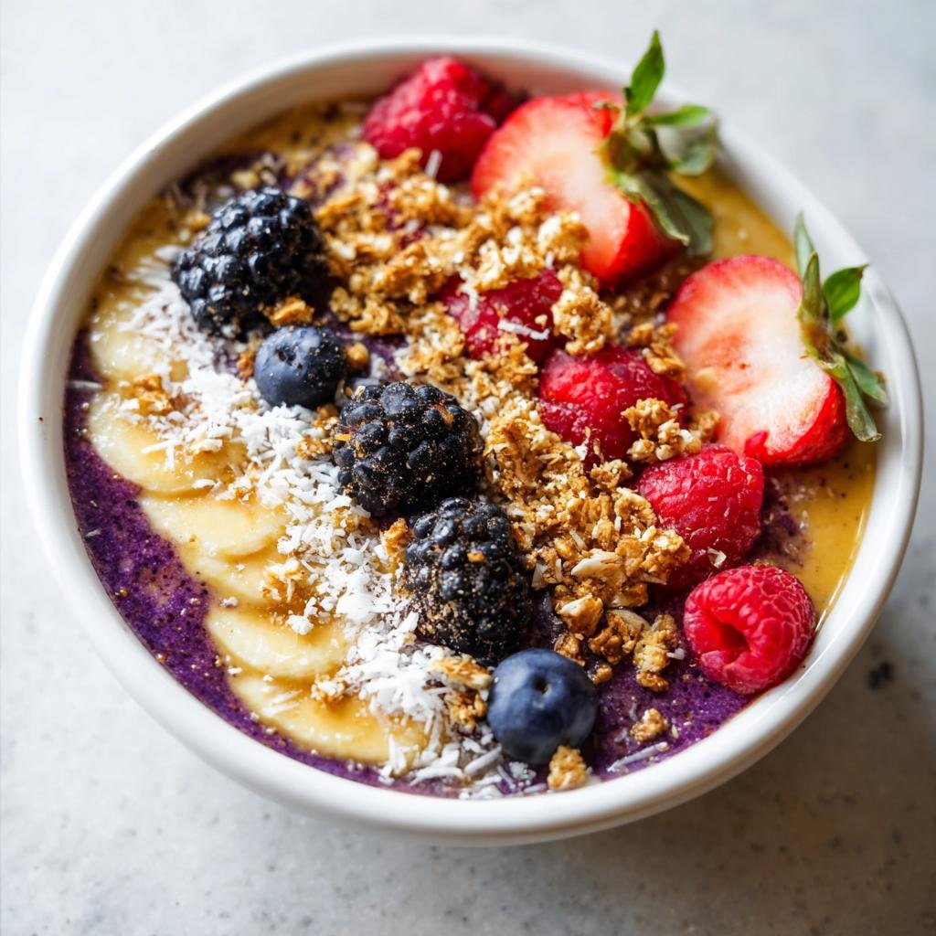 A vibrant Healthy Breakfast Smoothie Bowl topped with fresh strawberries, raspberries, blackberries, blueberries, sliced bananas, granola, and shredded coconut.