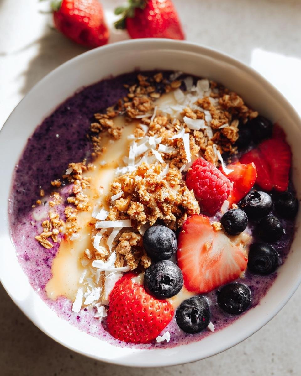 A vibrant Healthy Breakfast Smoothie Bowl topped with fresh strawberries, blueberries, raspberries, granola, and shredded coconut.