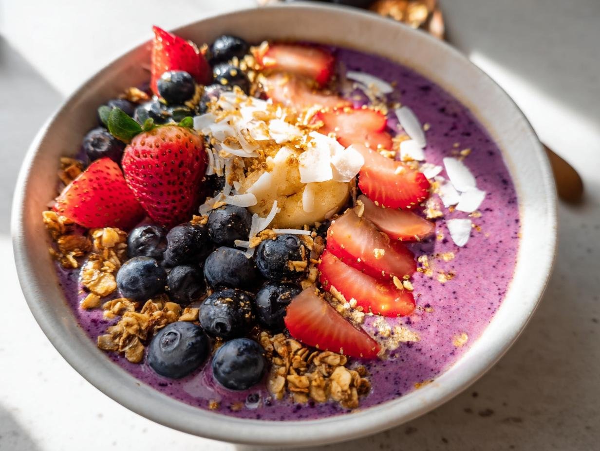 A vibrant Healthy Breakfast Smoothie Bowl filled with purple smoothie and topped with fresh strawberries, blueberries, banana slices, granola, and coconut flakes.