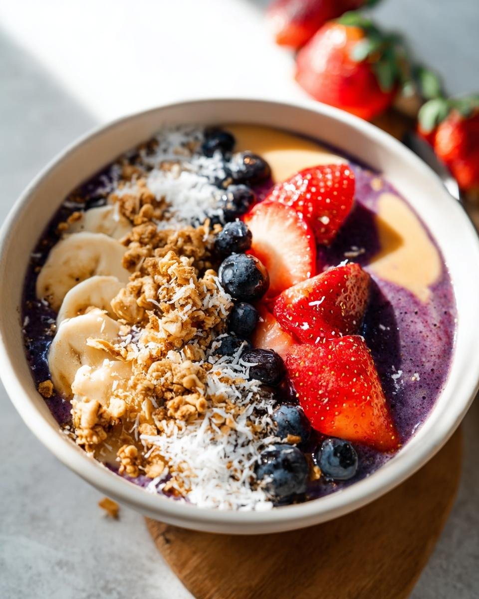 A vibrant Healthy Breakfast Smoothie Bowl topped with strawberries, blueberries, banana slices, granola, and shredded coconut.