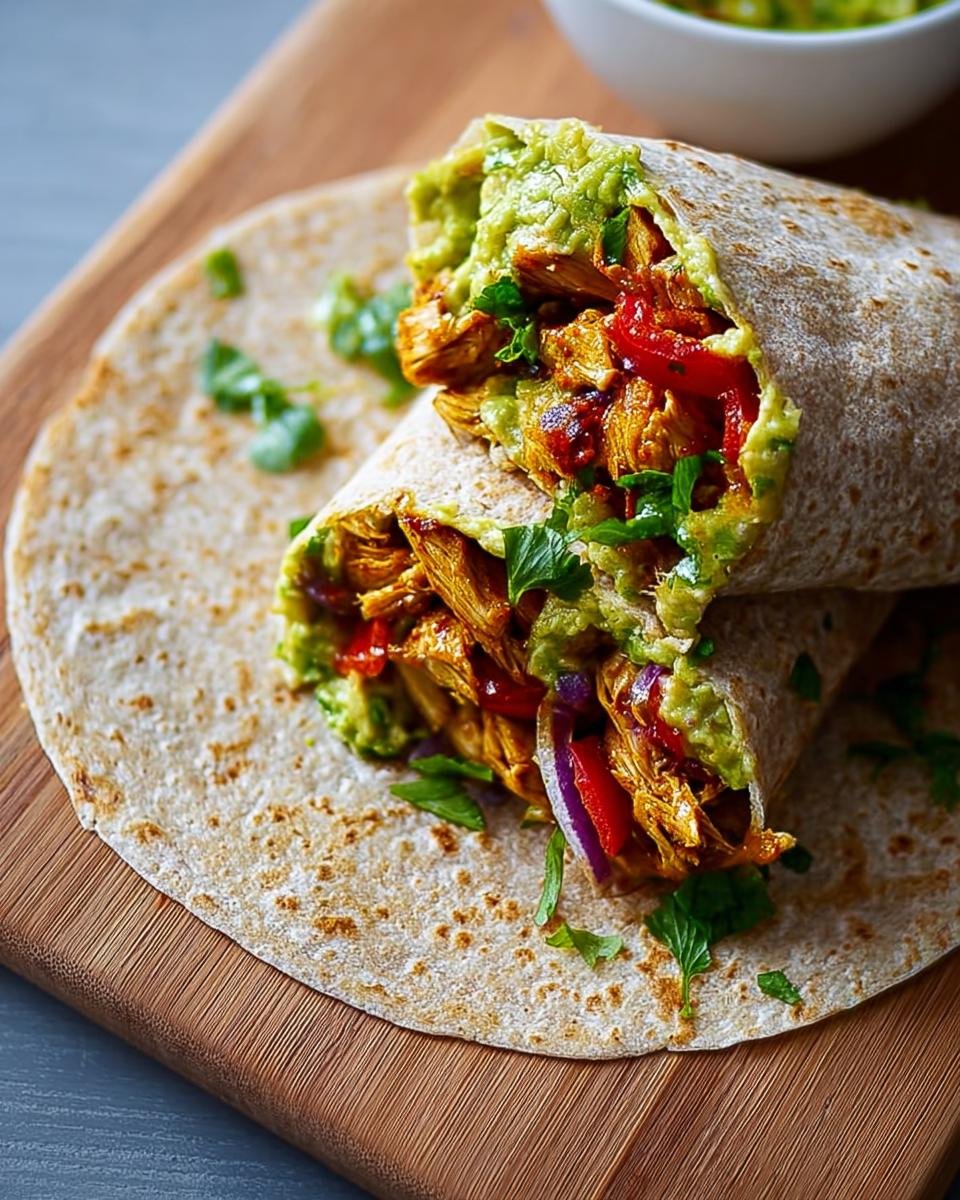 A close-up of a Healthy Chicken Avocado Wrap, sliced in half, revealing shredded chicken, avocado mash, red peppers, and red onion.