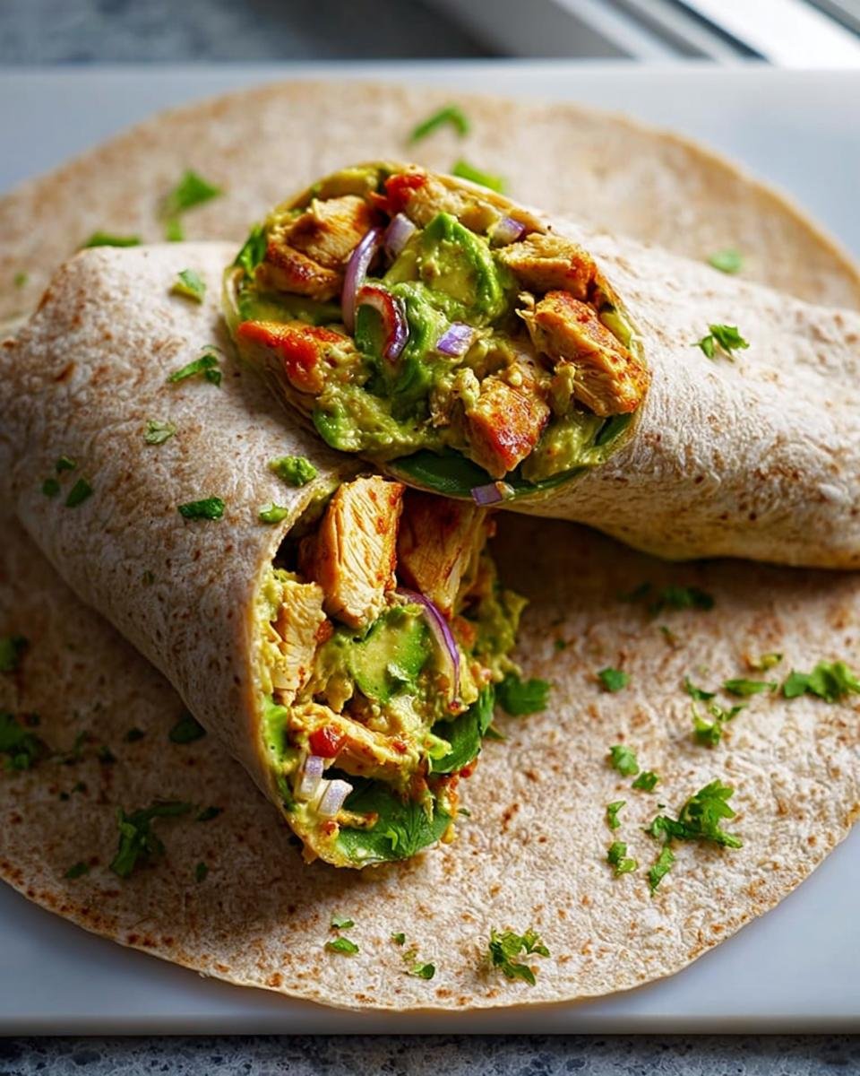 Close-up of a Healthy Chicken Avocado Wrap, sliced in half to reveal grilled chicken, creamy avocado, red onion, and greens.