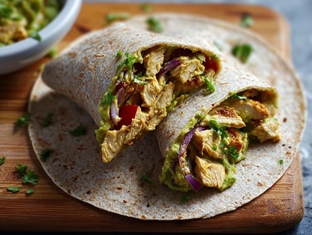 A delicious Healthy Chicken Avocado Wrap cut in half, showcasing seasoned chicken, creamy avocado, and red onion.