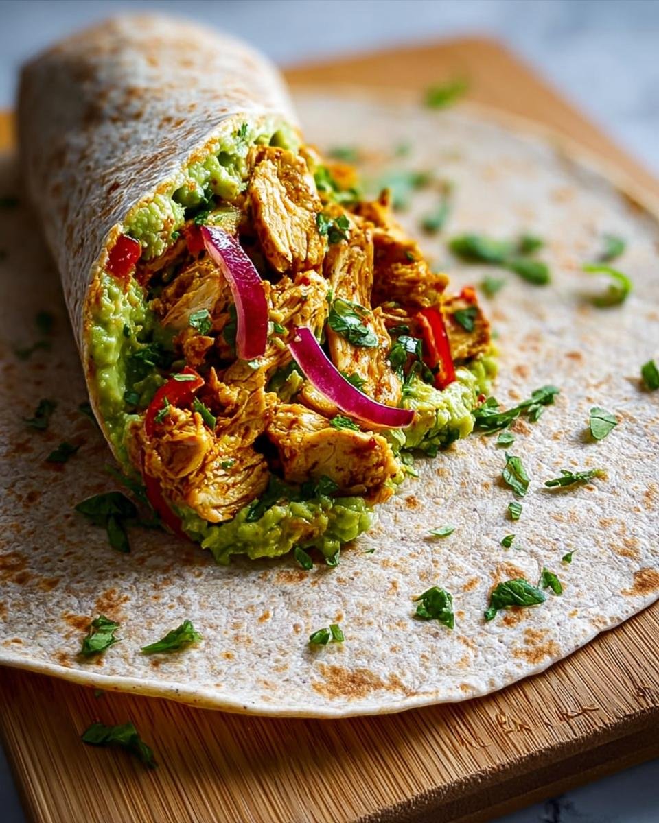 Close-up of a Healthy Chicken Avocado Wrap with shredded chicken, mashed avocado, red onion, and cilantro.