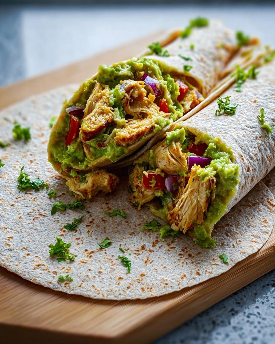 A close-up of a Healthy Chicken Avocado Wrap filled with shredded chicken, creamy avocado, and diced red onion and tomatoes.