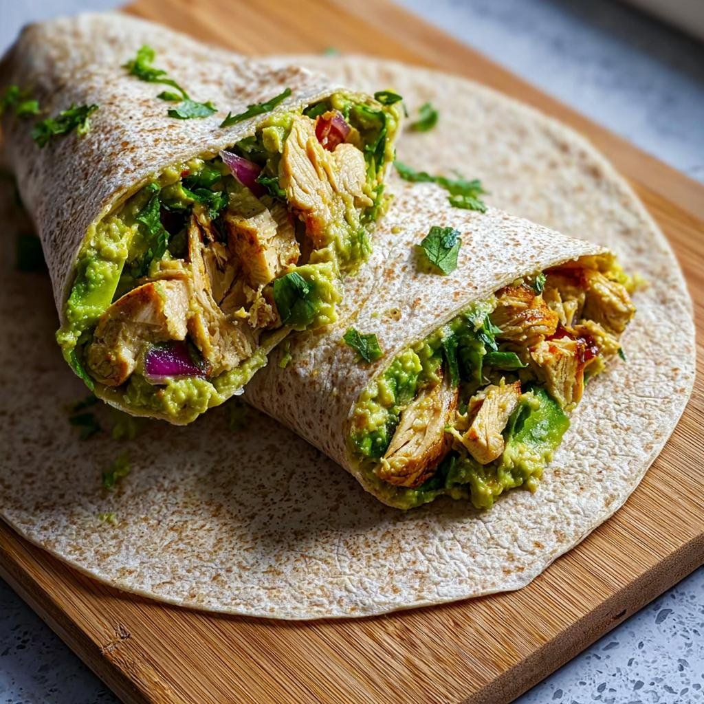 A halved Healthy Chicken Avocado Wrap filled with shredded chicken, mashed avocado, and red onion, garnished with cilantro.