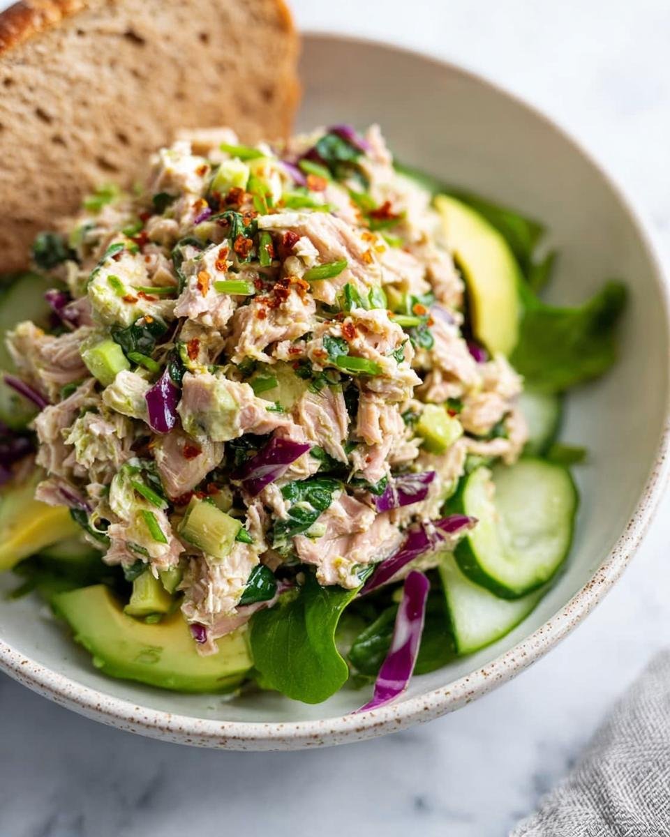 A vibrant Healthy Tuna Salad Bowl featuring flaked tuna, creamy avocado, crisp cucumber, and red cabbage, served with a slice of whole-wheat bread.