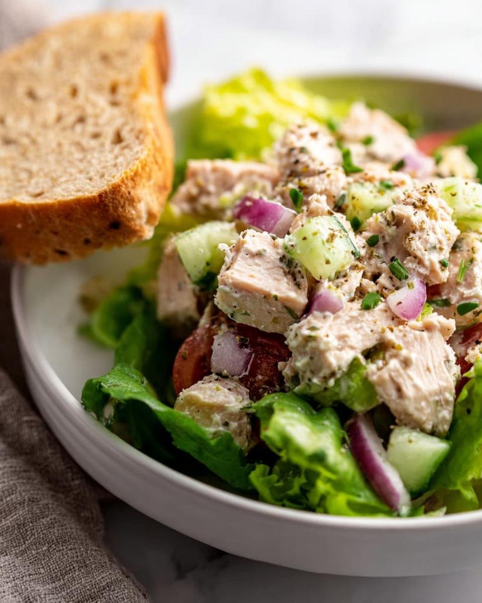 A close-up of a Healthy Tuna Salad Bowl with chunks of tuna, cucumber, red onion, and tomatoes on lettuce, served with a slice of whole wheat bread.