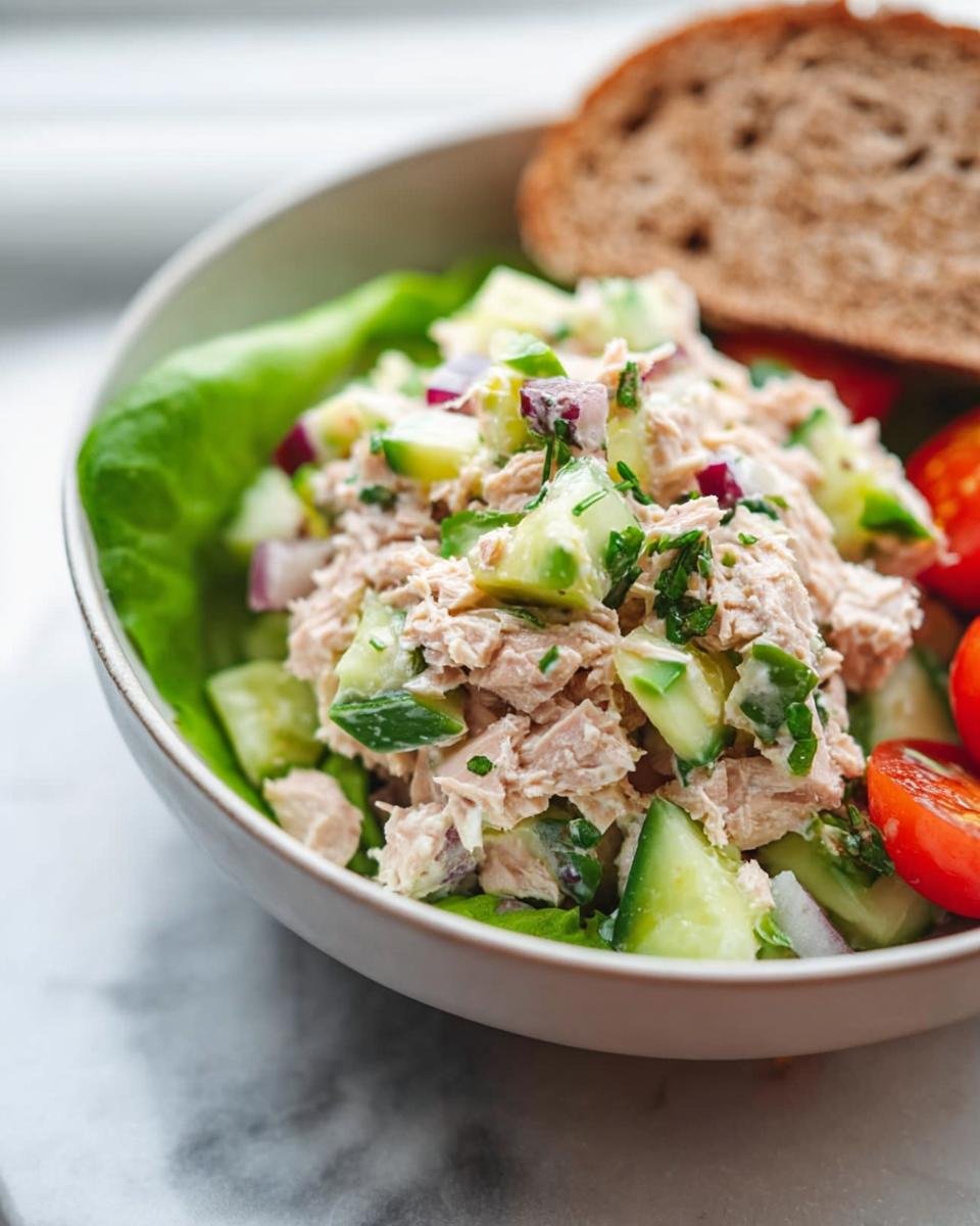 A close-up of a Healthy Tuna Salad Bowl with chunks of tuna, cucumber, red onion, and cherry tomatoes, served with whole-wheat bread.