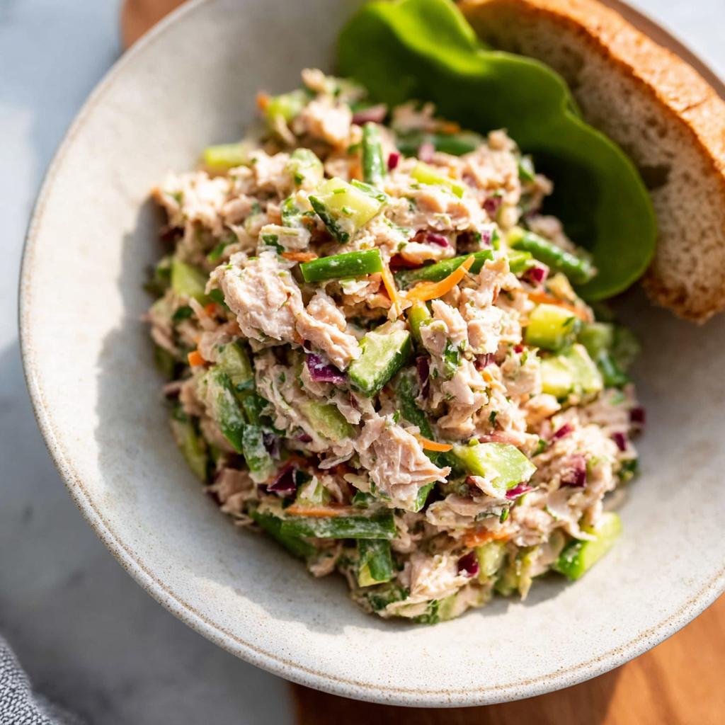 A close-up of a Healthy Tuna Salad Bowl filled with tuna, cucumber, carrots, red onion, and green beans, served with a slice of bread.