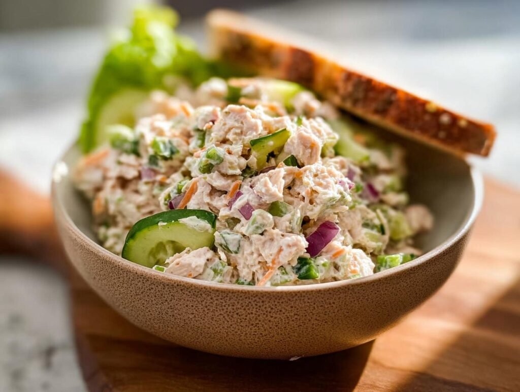 A close-up of a Healthy Tuna Salad Bowl filled with tuna, cucumber, red onion, and carrots, with a slice of toast in the background.