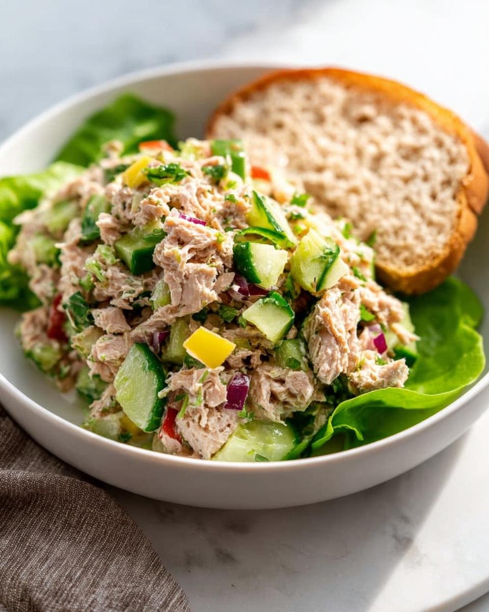 A bowl of Healthy Tuna Salad Bowl filled with tuna, cucumber, red onion, and bell peppers, served with a slice of whole wheat bread.