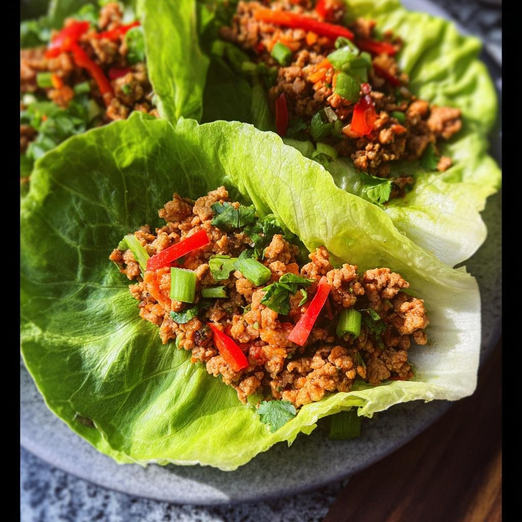 Close-up of Healthy Turkey Lettuce Wraps filled with seasoned ground turkey, topped with chopped red peppers and green onions.