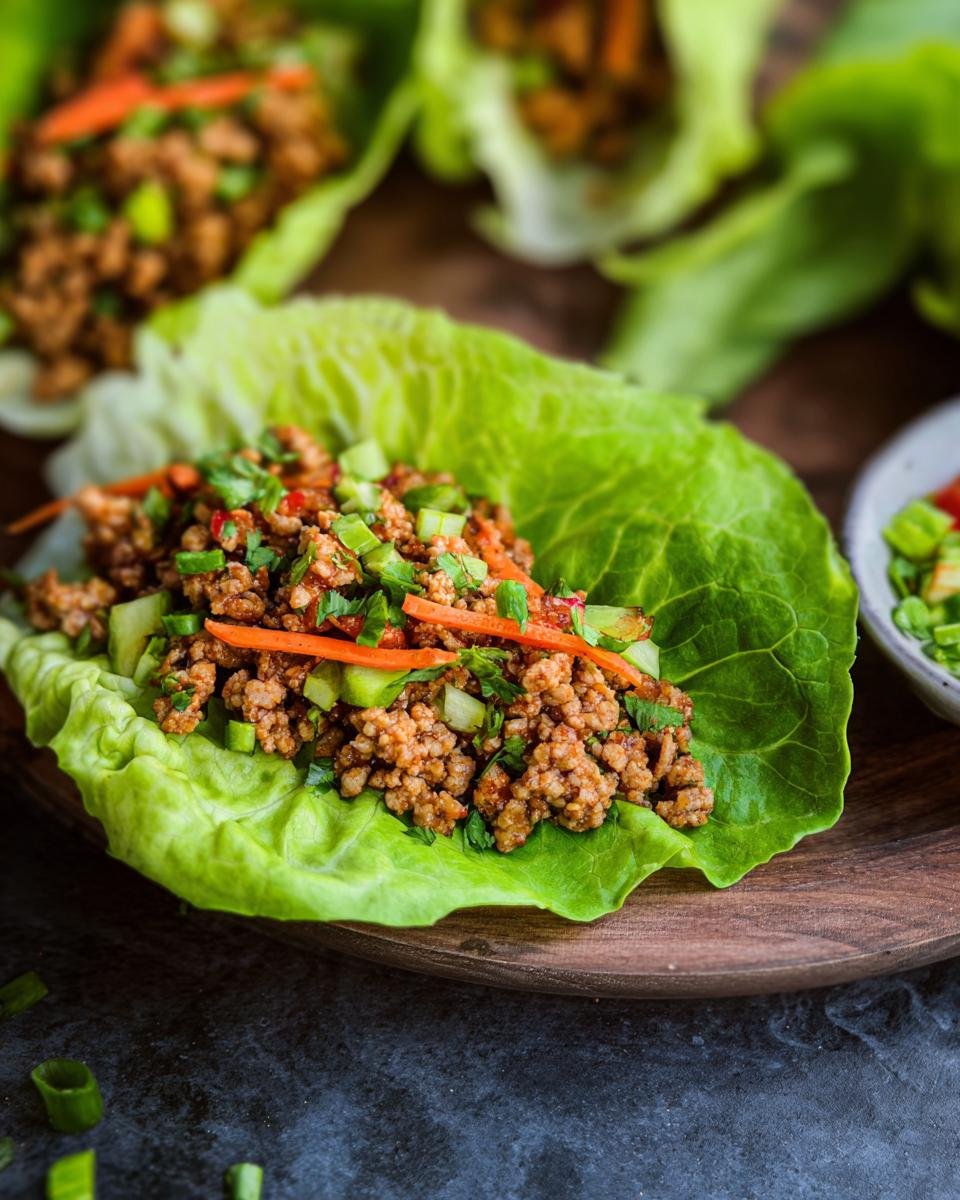 Close-up of a Healthy Turkey Lettuce Wrap filled with seasoned ground turkey and topped with shredded carrots and green onions.