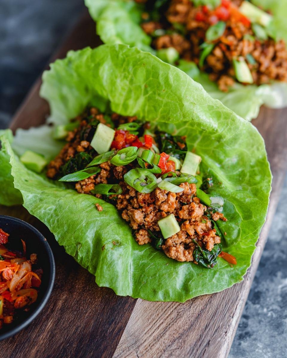 Close-up of healthy turkey lettuce wraps filled with seasoned ground turkey, avocado, scallions, and red pepper.