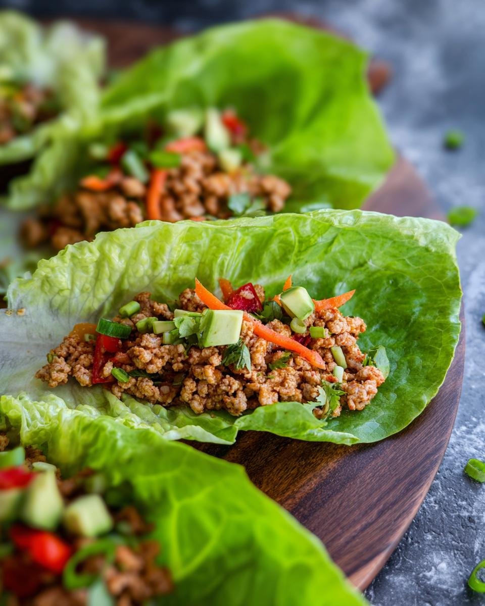 Close-up of healthy turkey lettuce wraps filled with seasoned ground turkey and topped with avocado, carrots, and green onions.