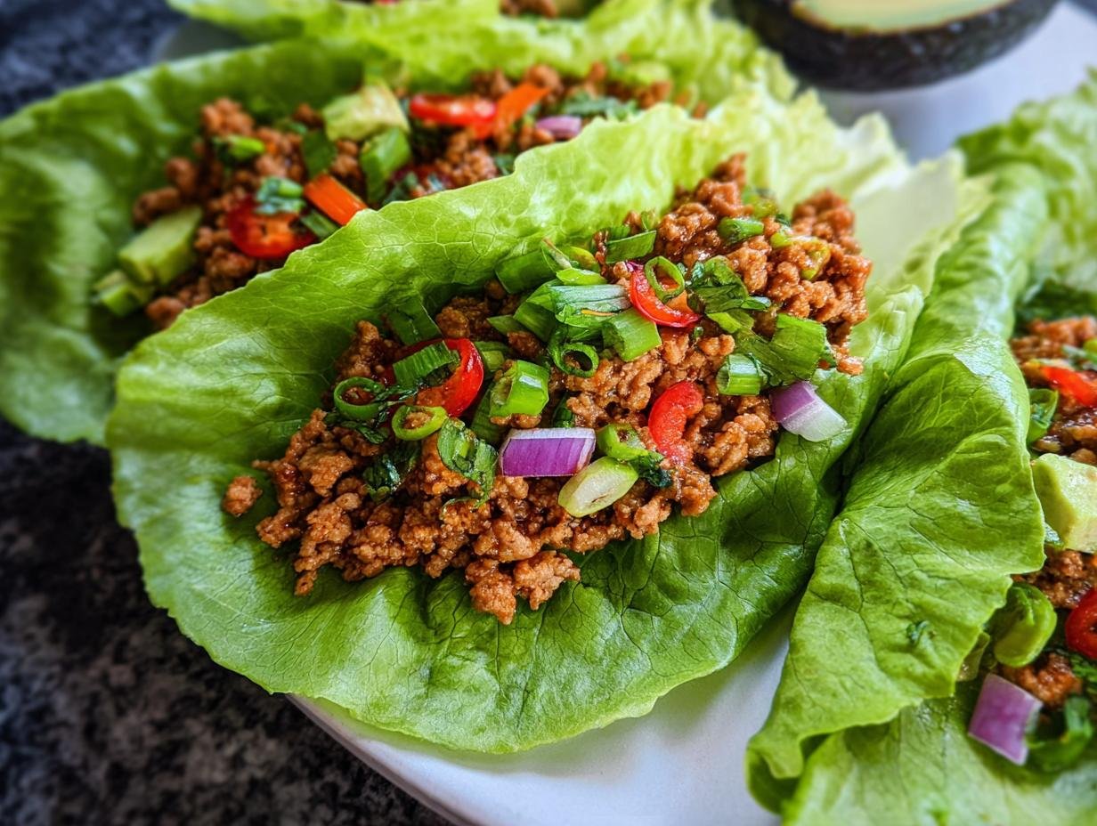 Close-up of healthy turkey lettuce wraps filled with seasoned ground turkey and topped with fresh scallions, red pepper, and avocado.