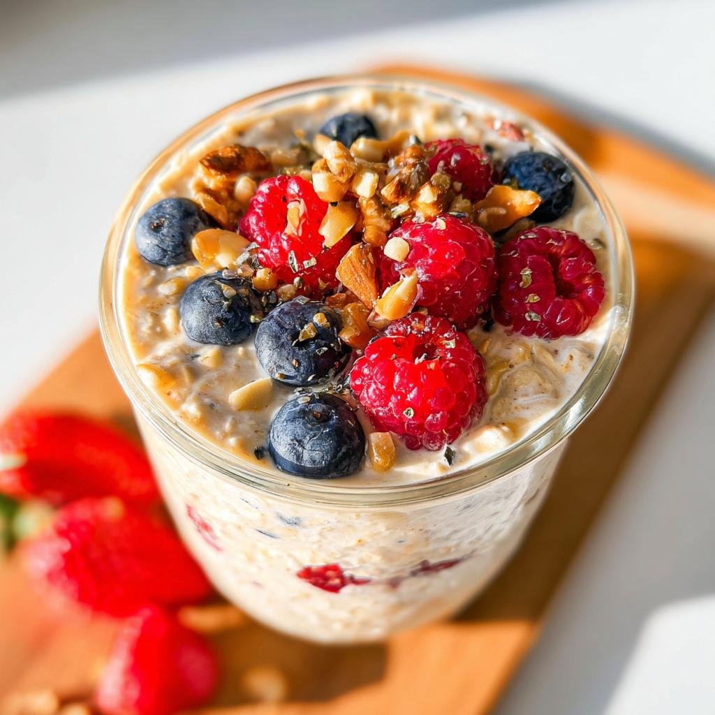 A delicious glass jar filled with high-protein overnight oats, topped with fresh blueberries, raspberries, and chopped nuts.
