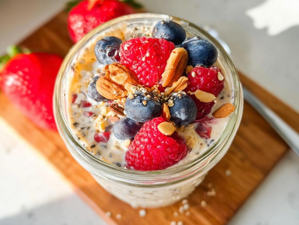 A close-up of a high-protein overnight oats recipe in a jar, topped with fresh raspberries, blueberries, and almonds.