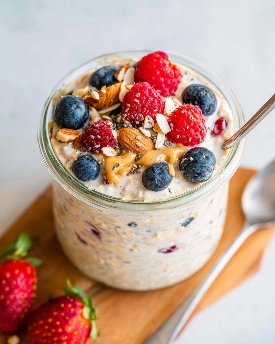 A delicious jar of High-Protein Overnight Oats topped with fresh blueberries, raspberries, almonds, and peanut butter.