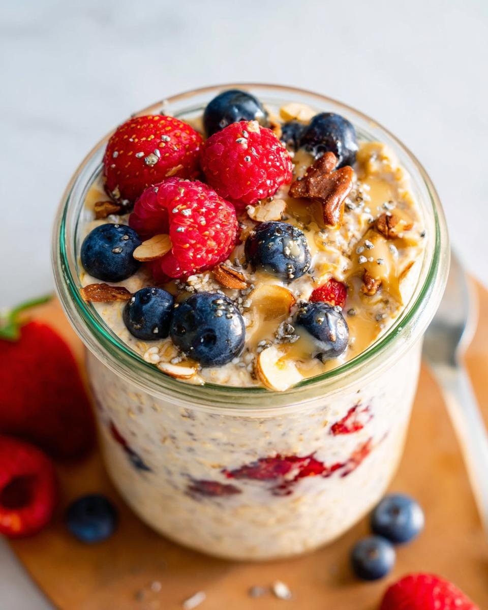 A delicious jar of High-Protein Overnight Oats topped with fresh blueberries, raspberries, sliced almonds, and chia seeds.