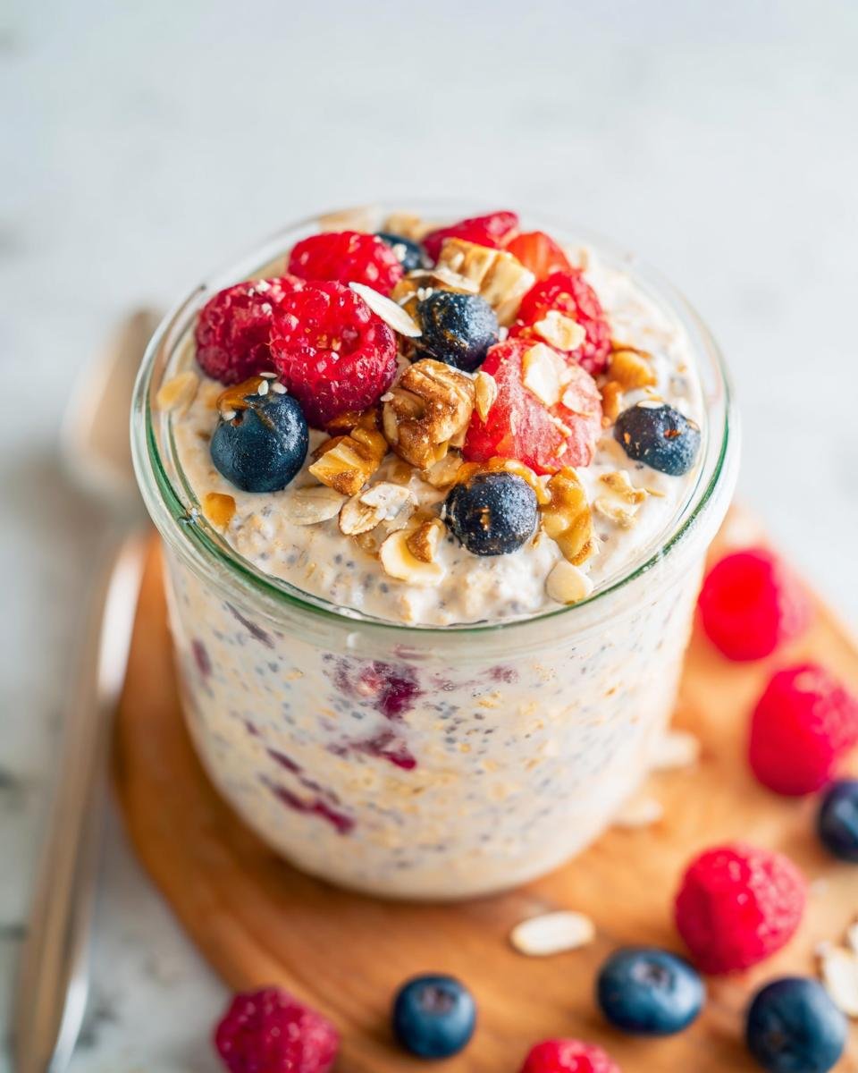A glass jar filled with High-Protein Overnight Oats, topped with fresh berries, nuts, and seeds.