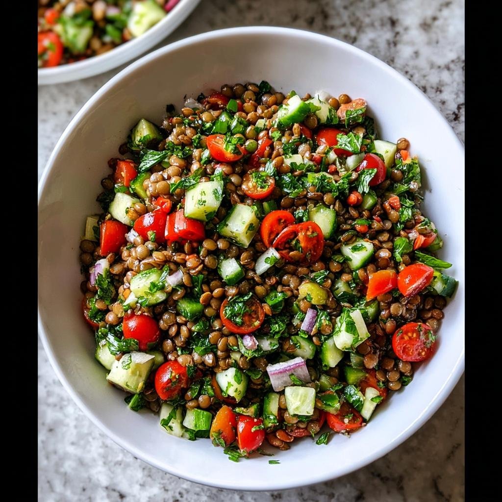A close-up of a white bowl filled with a vibrant Lentil Protein Salad, featuring lentils, chopped cucumbers, cherry tomatoes, red onion, and parsley.