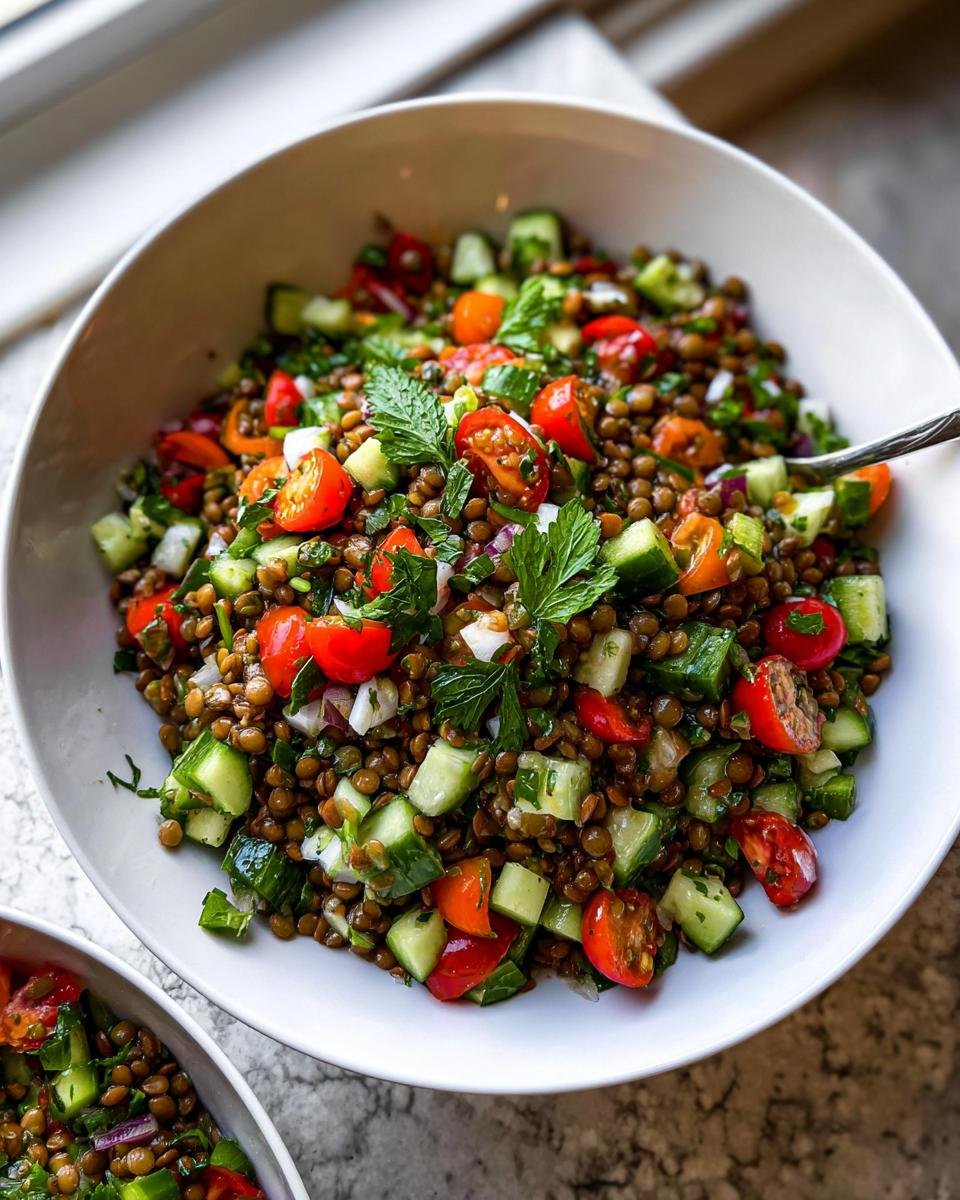 A vibrant bowl of Lentil Protein Salad featuring lentils, chopped cucumbers, cherry tomatoes, red onion, and fresh herbs.