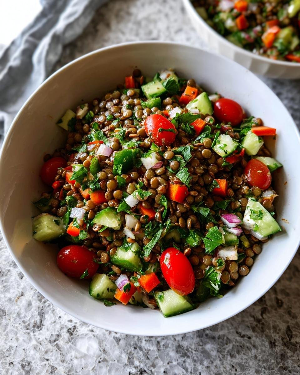 A vibrant bowl of Lentil Protein Salad, featuring lentils, cherry tomatoes, cucumber, red onion, and parsley.
