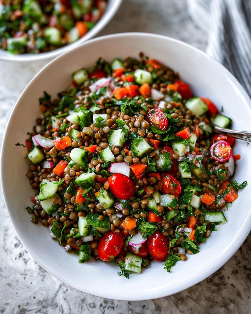 A vibrant bowl of Lentil Protein Salad, packed with lentils, cucumber, tomatoes, carrots, and herbs.
