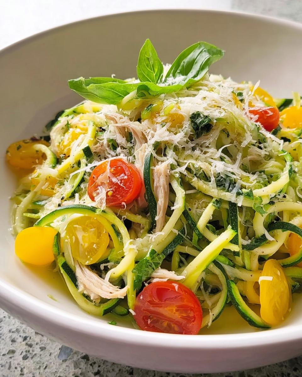 A vibrant Low-Carb Zucchini Noodle Bowl featuring spiralized zucchini, shredded chicken, cherry tomatoes, and grated cheese, topped with fresh basil.