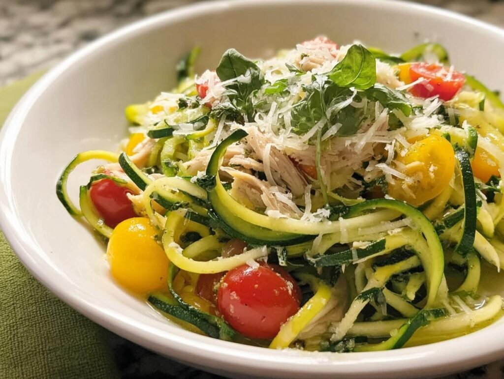 A vibrant Low-Carb Zucchini Noodle Bowl featuring spiralized zucchini, shredded chicken, cherry tomatoes, and fresh basil, topped with grated Parmesan cheese.