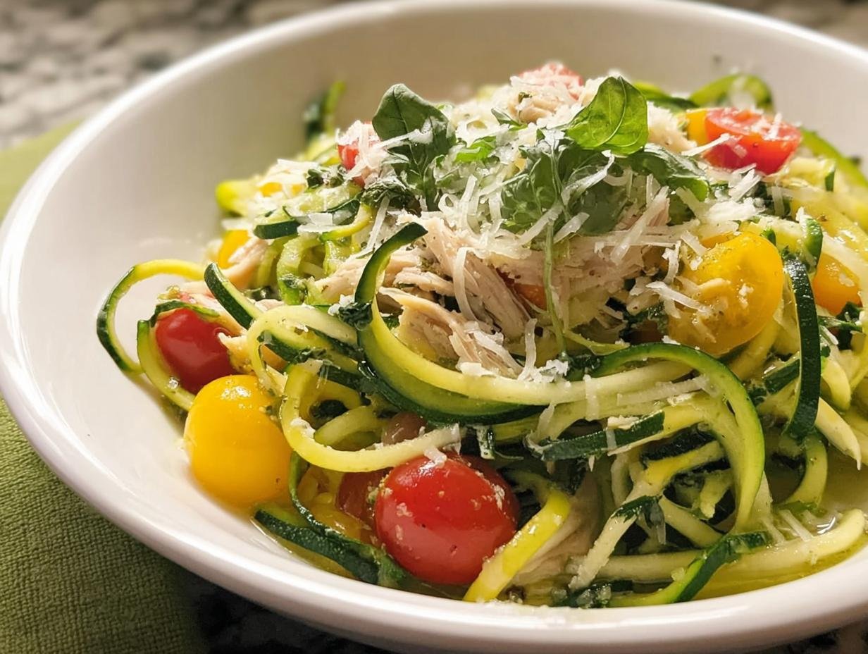 A vibrant Low-Carb Zucchini Noodle Bowl featuring spiralized zucchini, shredded chicken, cherry tomatoes, and fresh basil, topped with grated Parmesan cheese.