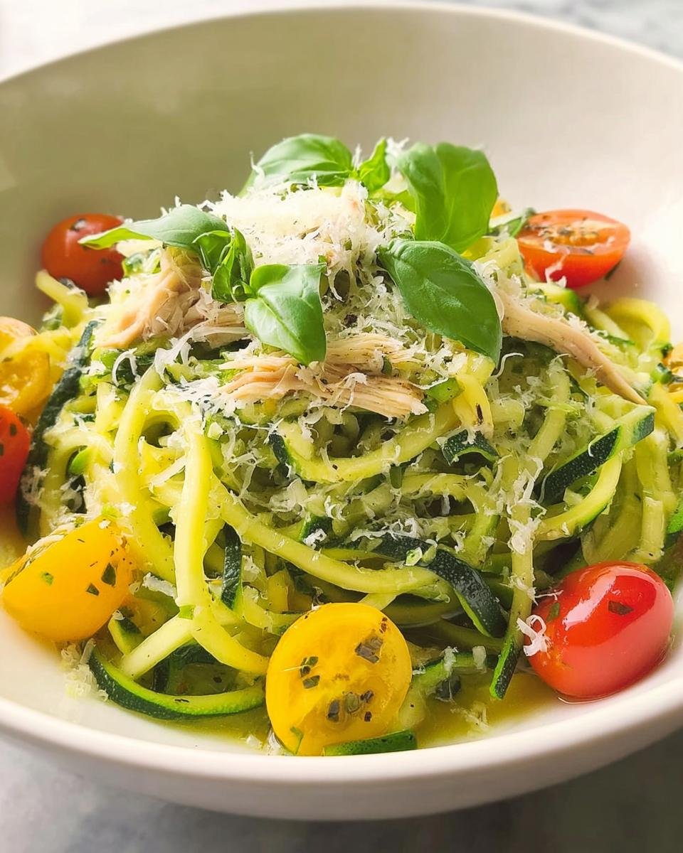 A vibrant Low-Carb Zucchini Noodle Bowl topped with shredded chicken, cherry tomatoes, fresh basil, and grated Parmesan cheese.