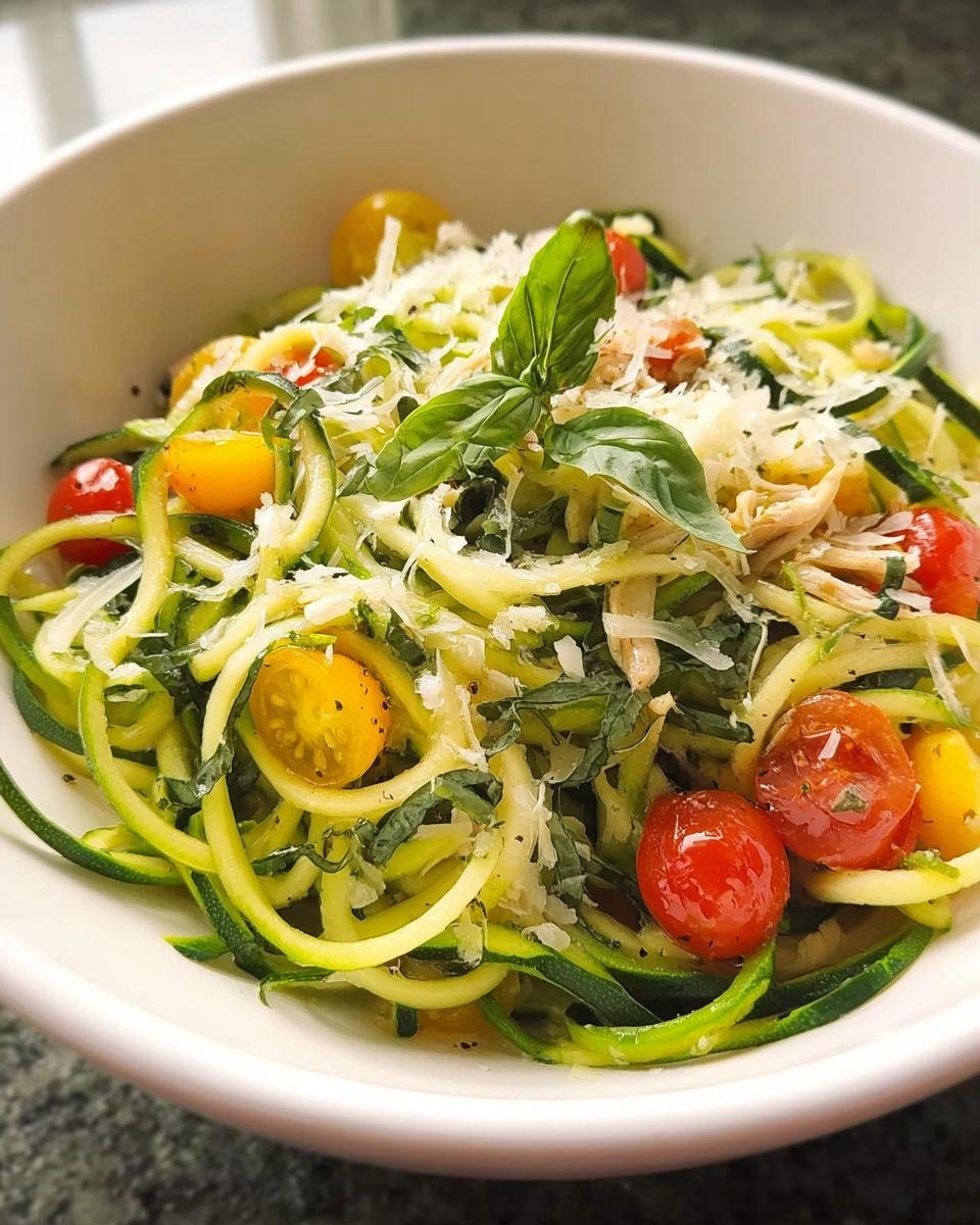 A vibrant Low-Carb Zucchini Noodle Bowl filled with spiralized zucchini, cherry tomatoes, shredded cheese, and fresh basil.
